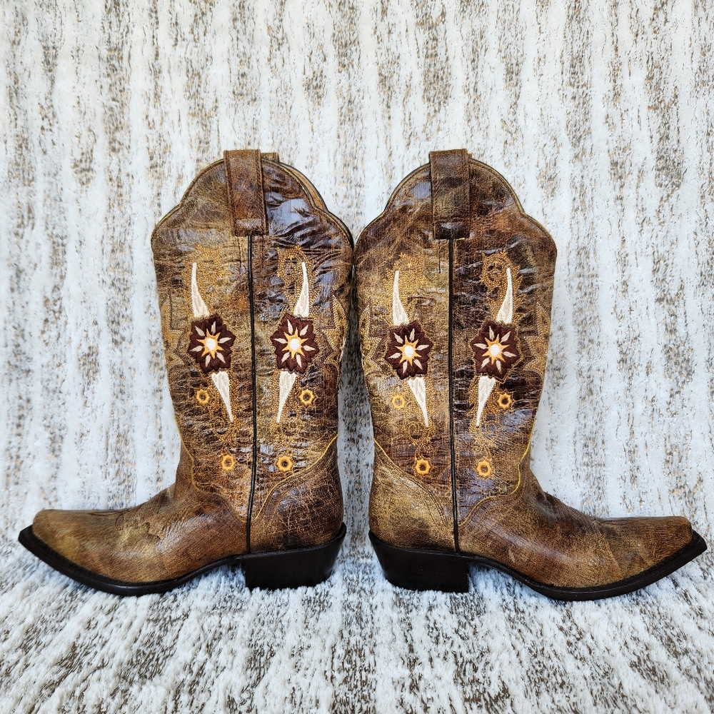 J.B. Dillon Distressed Leather Western Cowboy Boots Tan Floral | Women's Size 5B - Picture 6 of 12